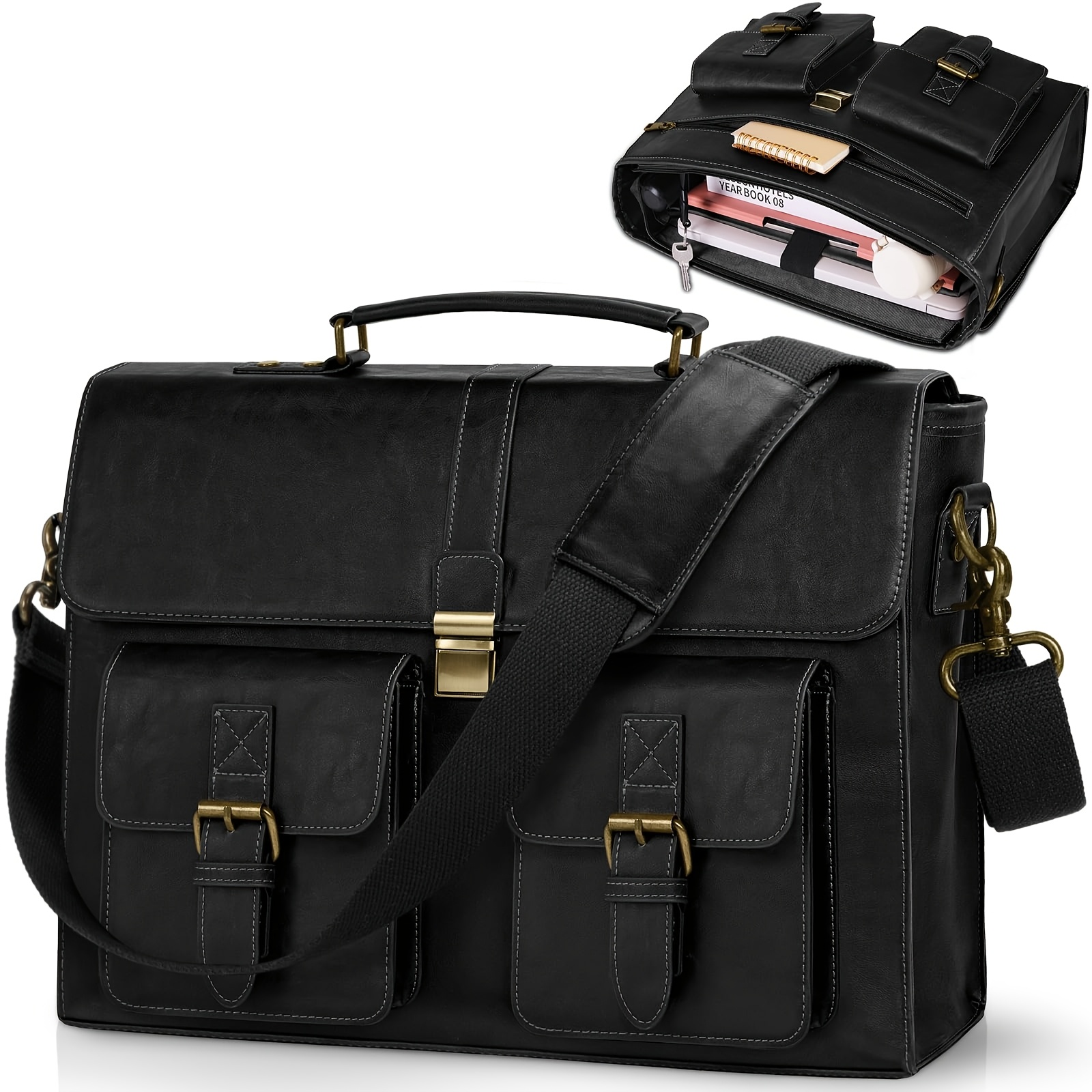 Rainsmore Mens Messenger Bag 15.6 Inch Pu Laptop Briefcase Computer Laptop Bag Pu Leather Satchel Bag Large Shoulder Bag For Office Work Travel College, Black