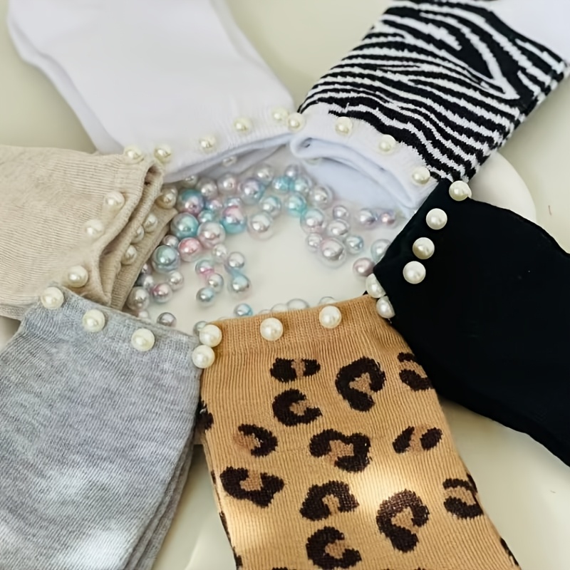 

6pcs Women's Pearl Embellished Ankle Socks, Polyester And Spandex , Leopard Print, Knit Fabric, With Beaded Detail, For Fashionable Trendy Socks