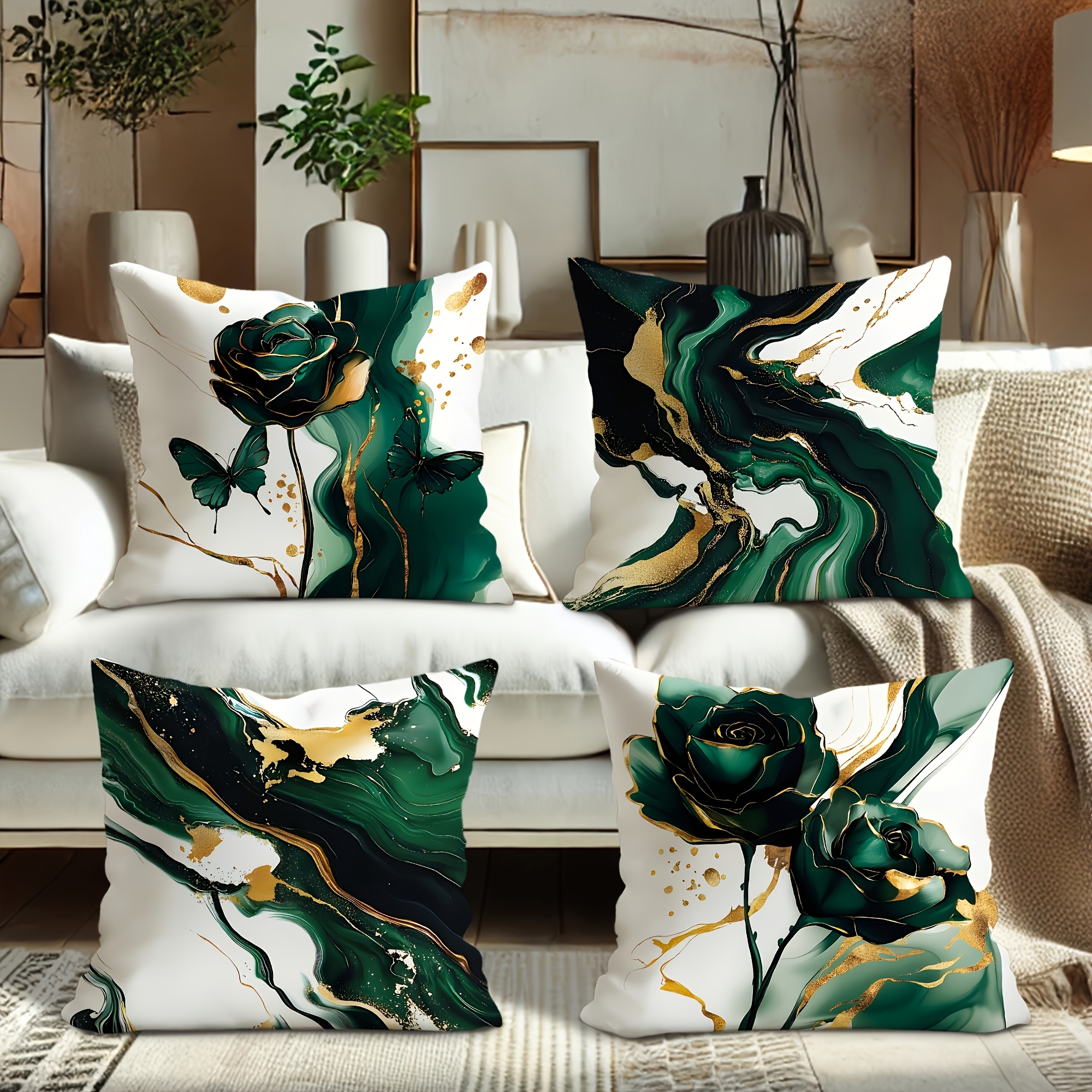 item picture 4pcs modern polyester throw pillow covers abstract marble rose and golden pattern decorative cushion covers soft zippered machine washable pillowcases for living room bedroom home decor no pillow insert