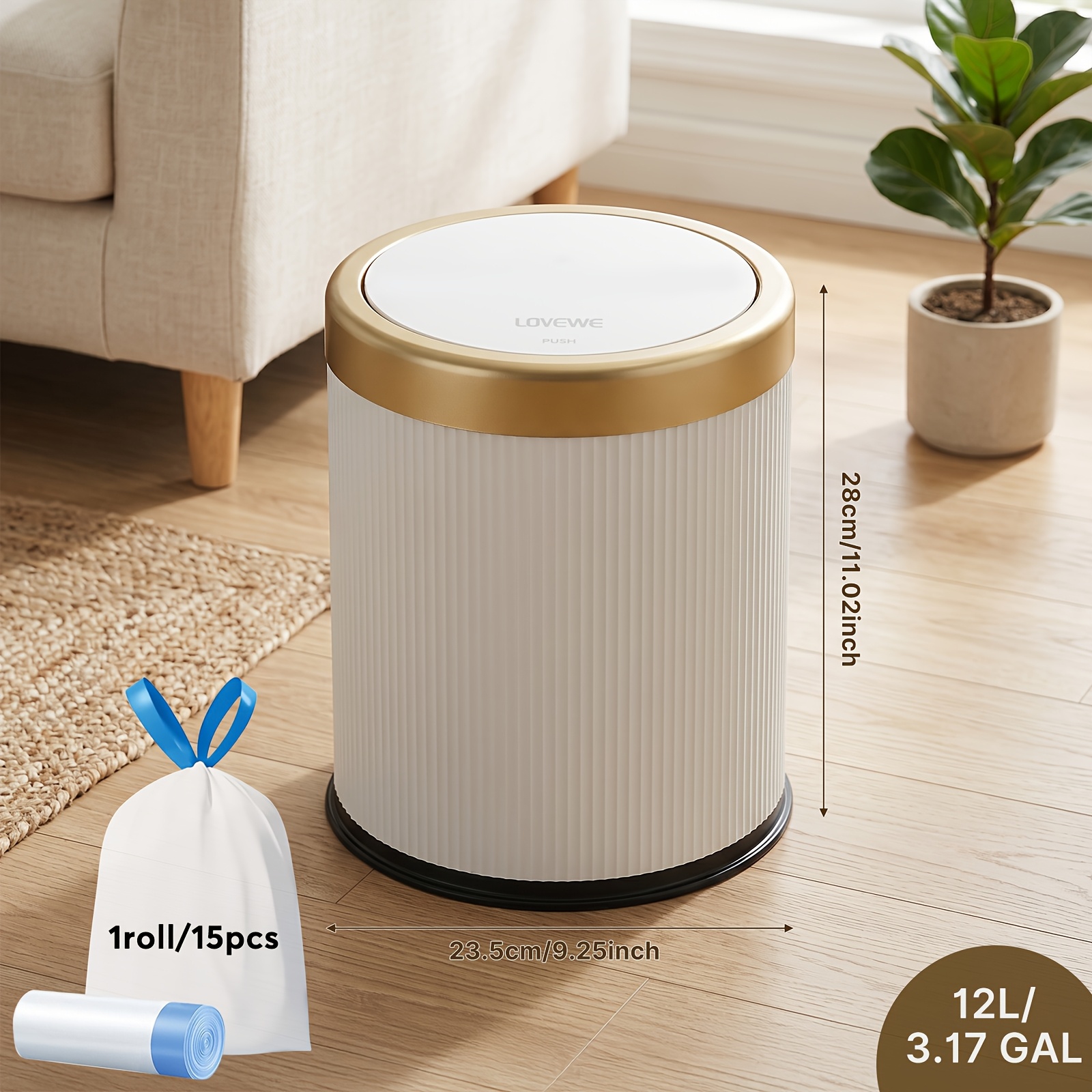 TEMU 1pc 1pcs Large Capacity Odor-sealing Push-lid Trash Can With Dual Inner Buckets & Quiet Close Lid, Modern Cylindrical Suitable For For Kitchen,