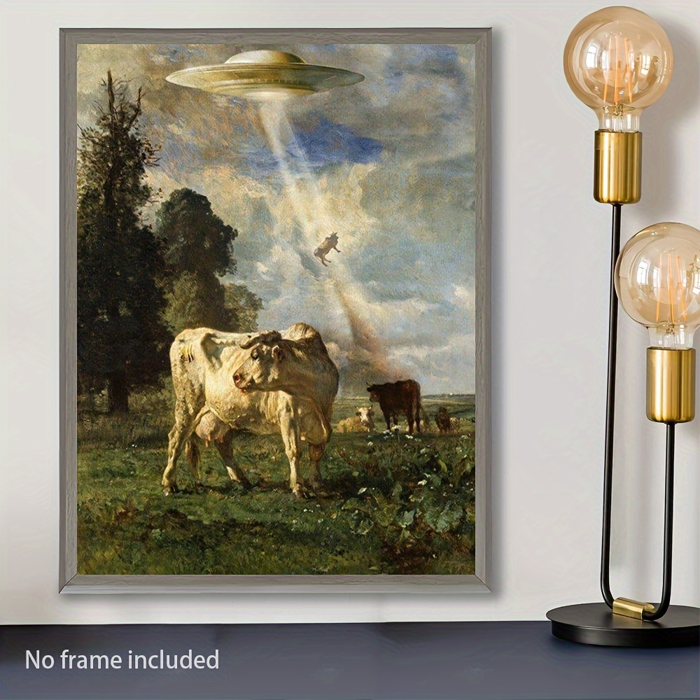 

Ufo Cow Abduction Canvas Print, Vintage Farm Animal Wall Art Poster For Home & Office Decor, Frameless 12x16inch