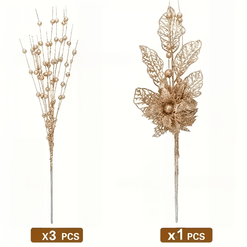 TEMU 4pcs Set Of Simulated Golden Glitter Beads And Golden Glitter Lily Christmas Tree Ornament Set, Champagne Artificial Shiny Berry Flower Stems,