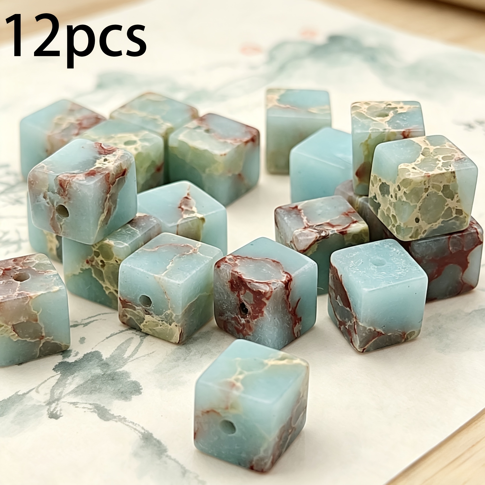 TEMU 12pcs Shoushan Stone Beads - Veined Suitable For Diy Making, Square Stone Beads With Through Holes For Bracelet & Necklace Crafting, Mineral