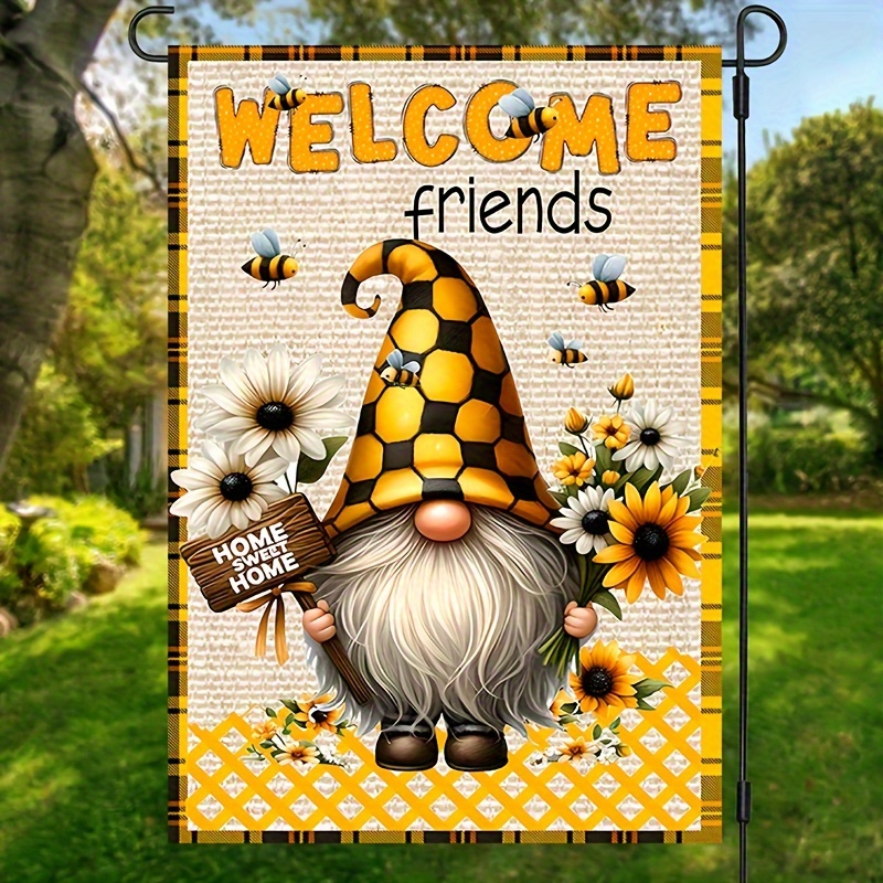 

1pc, Welcome Friends Gnome Bee Garden Flag With Daisy Floral Print Summer Yard Lawn Decorations Vertical Burlap Small Banner Home Sweet Home Decor Double Sided Waterproof Flag 12*18inch