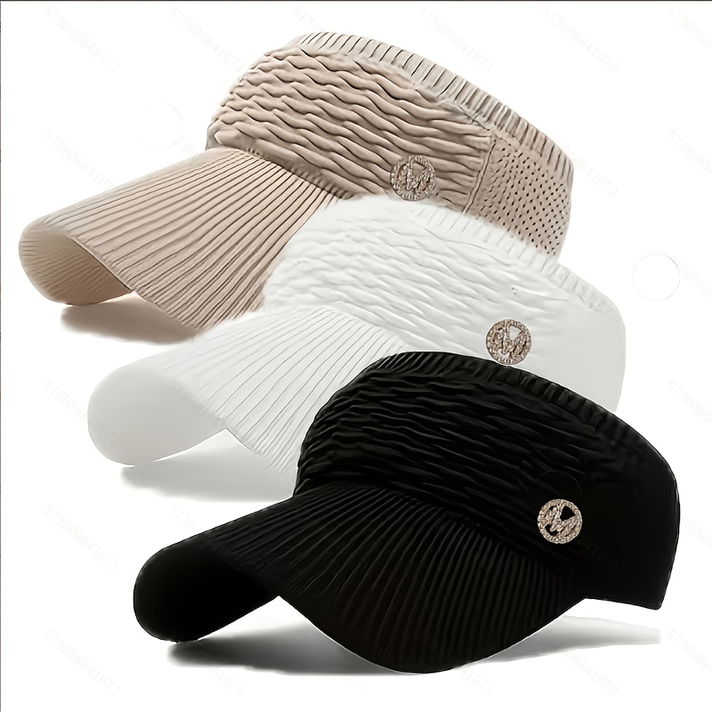 TEMU 3pcs Women' Rhinestone Visor Baseball Cap - Lightweight Pleated Snap-fit Cap With Empty Top, Suitable For Running, Hiking, Driving, Beach |