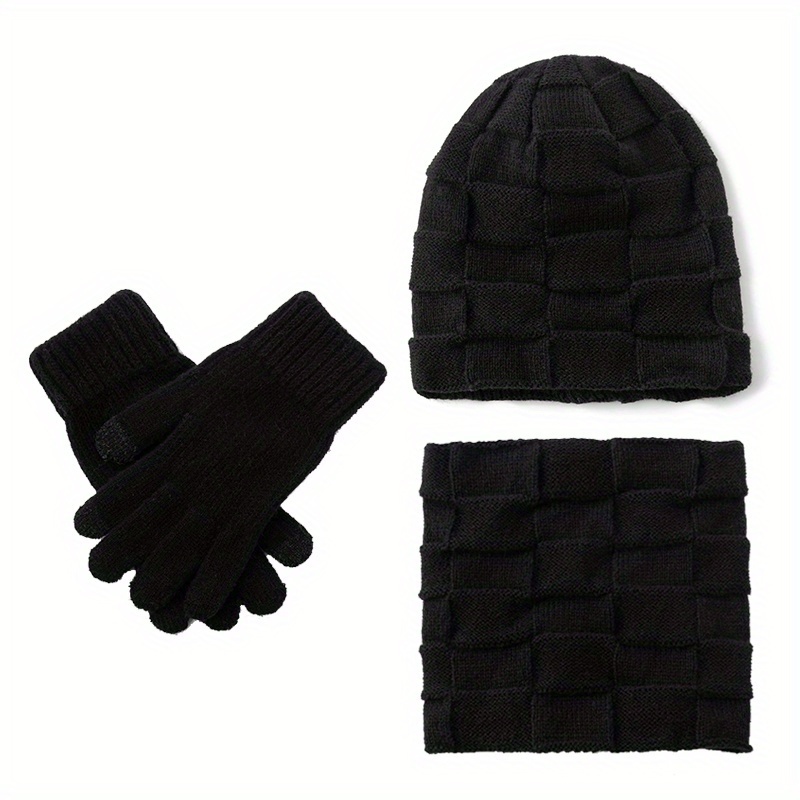 TEMU 3pcs Square Hat Scarf Gloves Set Autumn Winter High Elastic Fleece Thick Warm Ear Protection Beanie Outdoor Leisure Sports Riding Hiking Skiing
