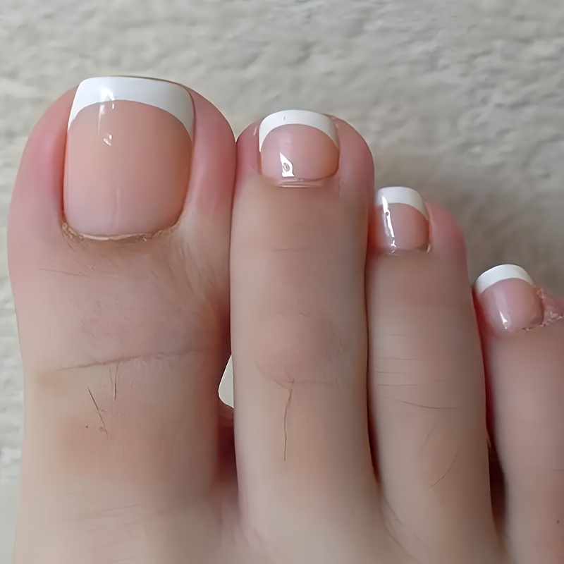24pcs Pink French Tip Press-on Toe Nails - Glossy Finish, Square Shape, Short, Easy Application For A Chic Look |bride Nails |wedding Nails