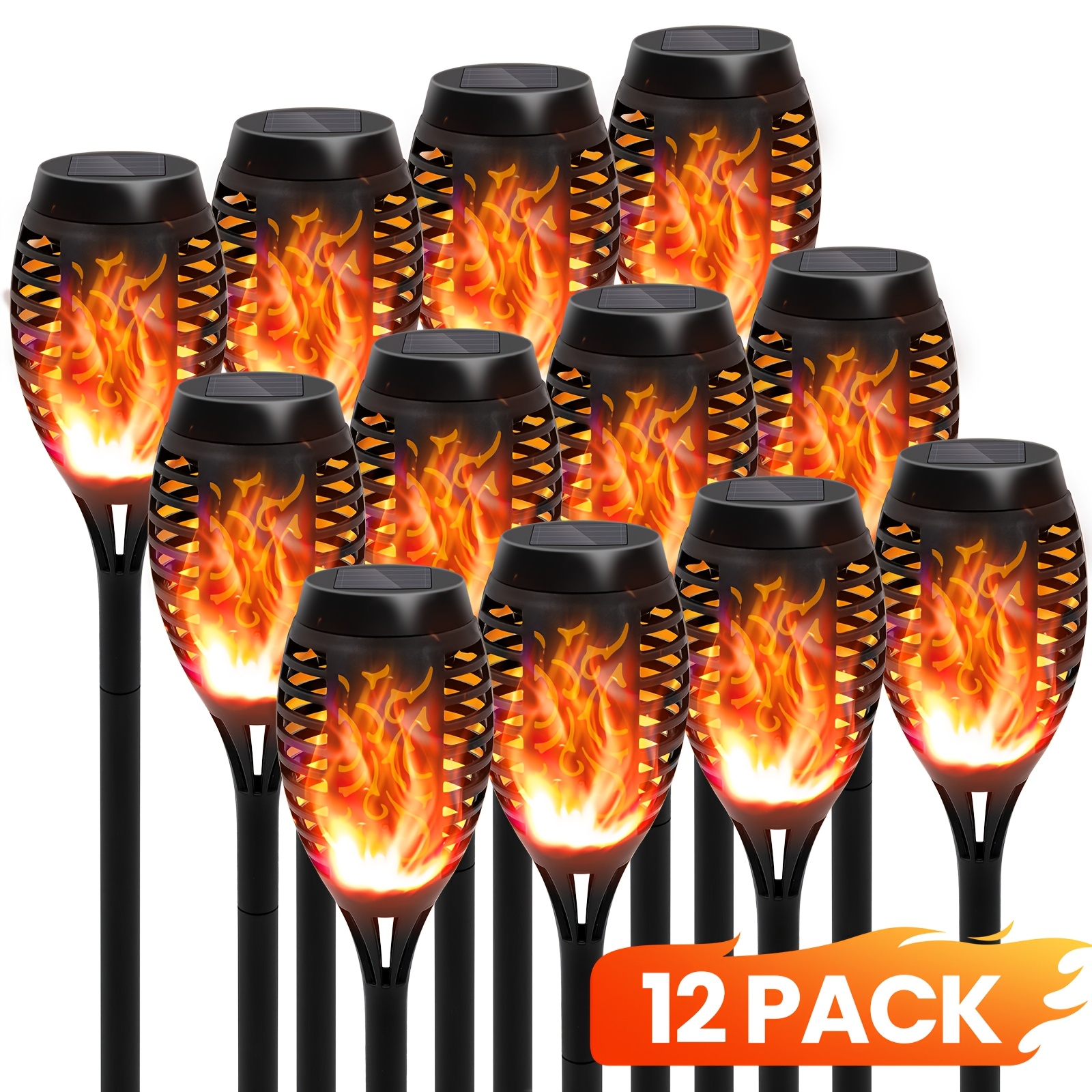 TEMU 12pcs Solar Landscape Torches, Realistic Simulated Flame Led Solar Stake Lamps, All Weather Waterproof Outdoor Torch Lights, Auto Decorative