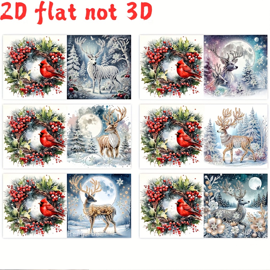 TEMU 6pcs Diy Diamond Painting Winter Snow & Deer With Diamonds - Complete Craft Kit For Holiday Cards, Irregular/round Beads, Winter Scenes For &,