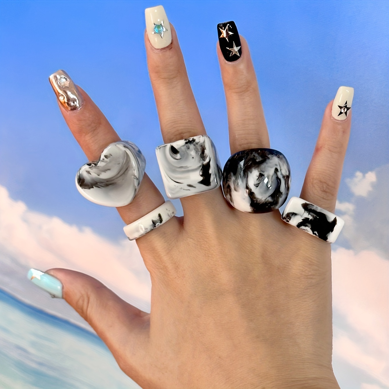 5pcs Resin Ring Set for Women Vintage Ink Pattern No Plating