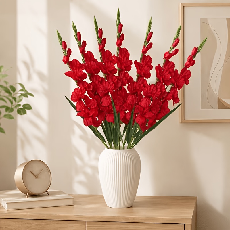 TEMU Lot de 7 fleurs artificielles de glaïeul rouges de 80 cm, fleurs décoratives pour table de salle à manger et salon pour Qixi, la Saint-Valentin,