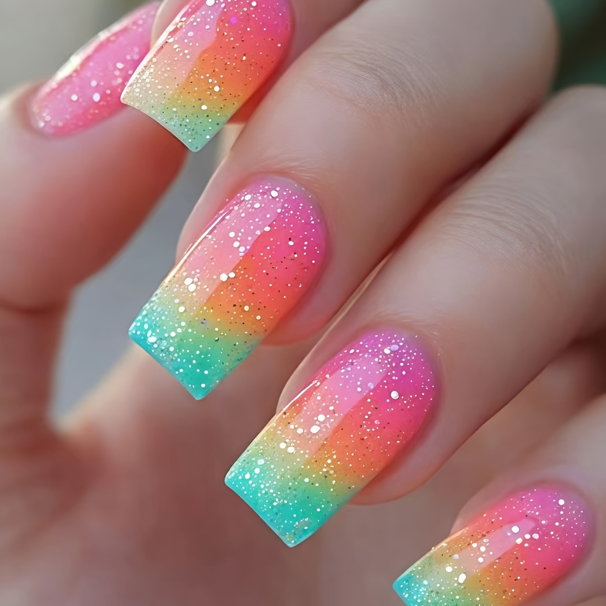 TEMU Faux ongles de longueur moyenne style tuyau à eau coloré, 24 pièces, à blocs de couleur, , dégradé rose-vert vif, appliques d'ongles à pression