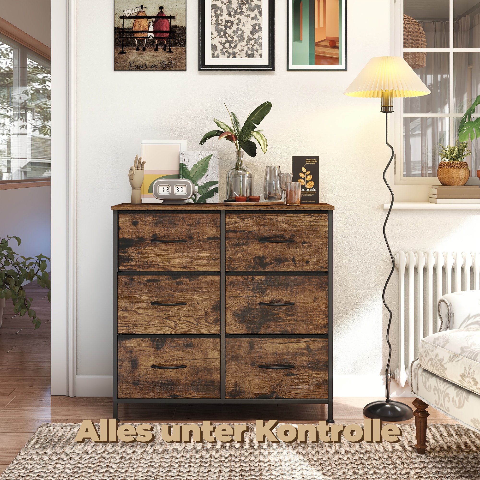 Image of Collection - Chest Of Drawers, 30 X 76.7 X 73.7 Cm, Cabinet, Storage Cabinet, For Bedroom, Hallway, Living Room, Steel, 6 Drawers, Industrial Style