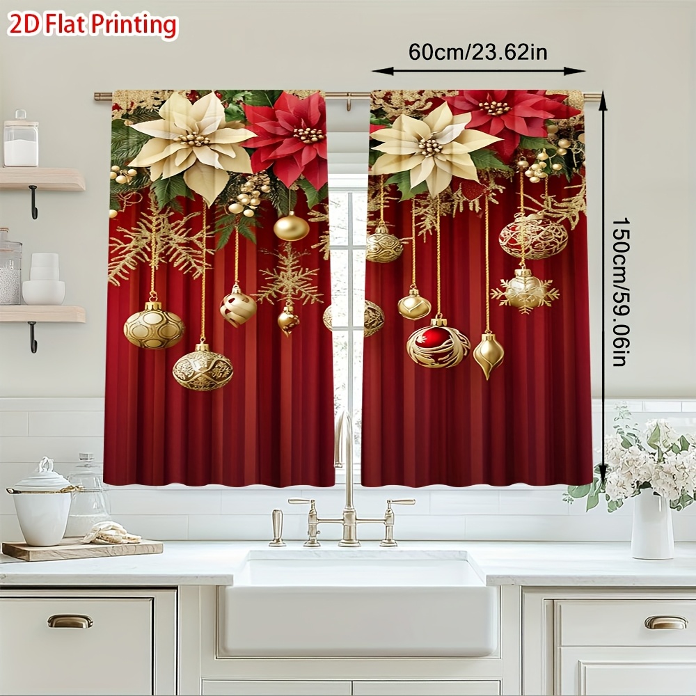 TEMU 2d Flat - 2d Flat - Set Of 2 Flat Printed Festive Golden Ornament Curtains With Rod , Perfect For Decorating Rooms For Art