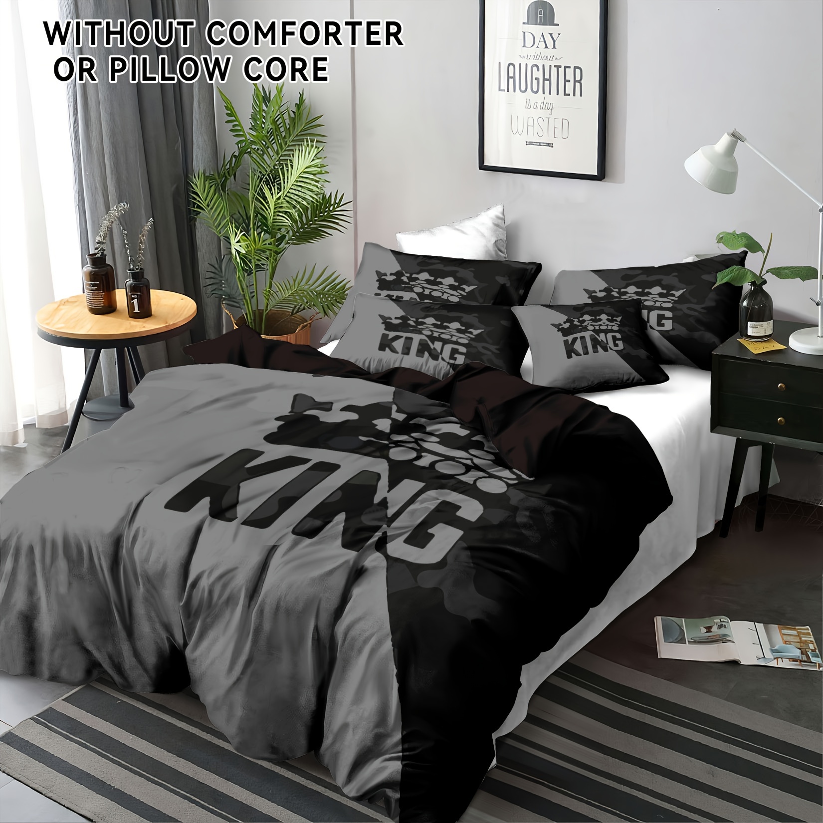 E-shop 3-teiliges Polyester Bettbezug-Set mit König & Krone Druck, 1 Bettbezug + 2 Kissenbezüge, Füllung nicht enthalten, geeignet für Schlafzimmer