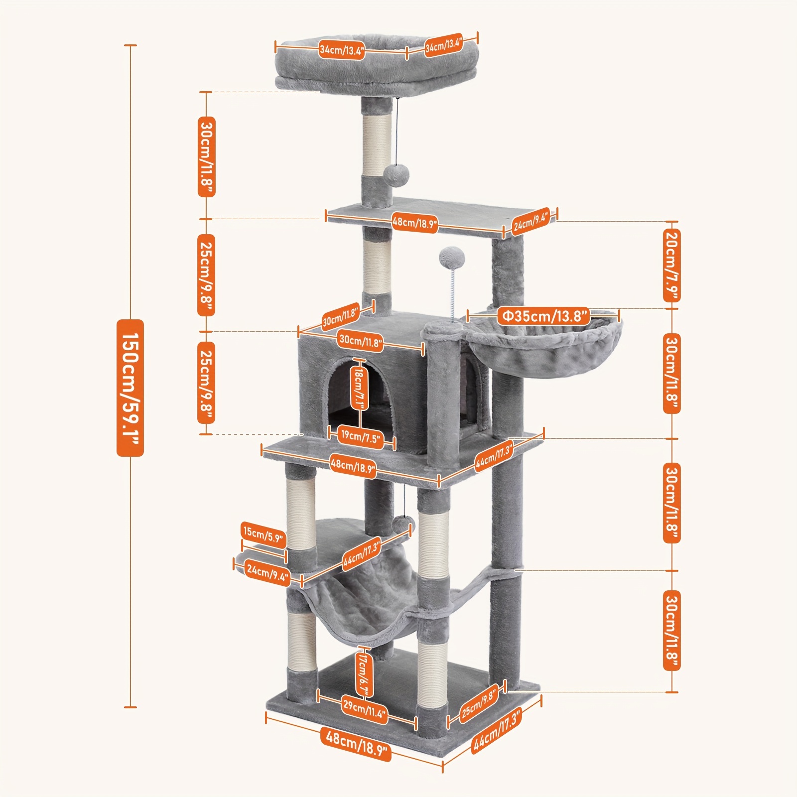 60 Inches Cat Tree, Tall Cat Tower, Multilevel Cat Condo For Indoor