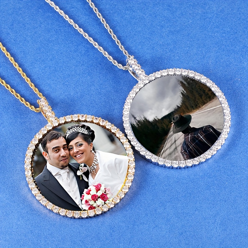 

Custom Xl Round Photo Frame Pendant Necklace, 18k Golden Plated Copper, Synthetic Zirconia, Personalized Picture Locket Jewelry With For Men And Women