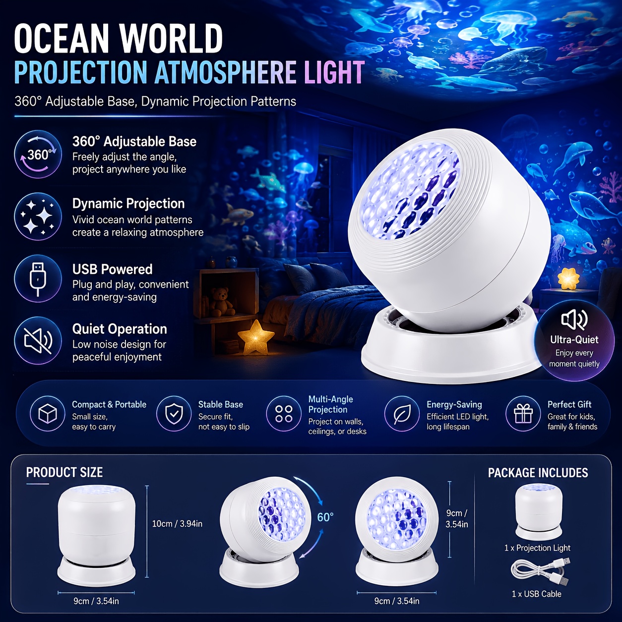TEMU 360° Rotating Led Starry Ocean Projector Night Light, Wave Projection Lamp, Usb Powered Decorative Mood Light For Bedroom, Living Room, Game
