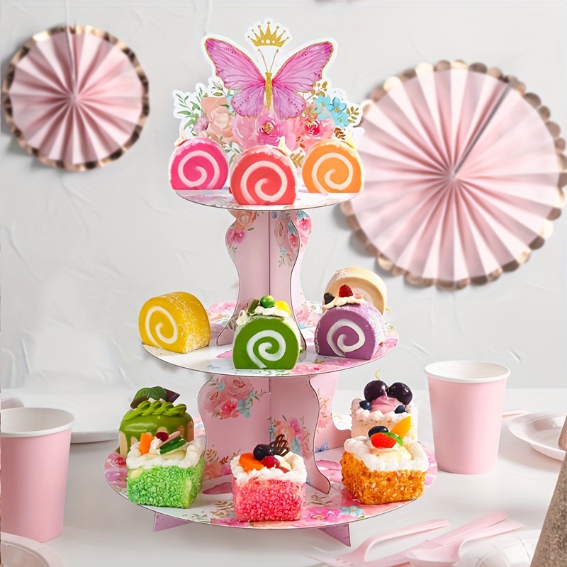 

Set, 3 Tier Cartoon Butterfly Paper Cake Display Stand Happy Birthday Party Decoration Cupcake Wedding Party Dessert Cake Rack Spring Butterfly Table Decor