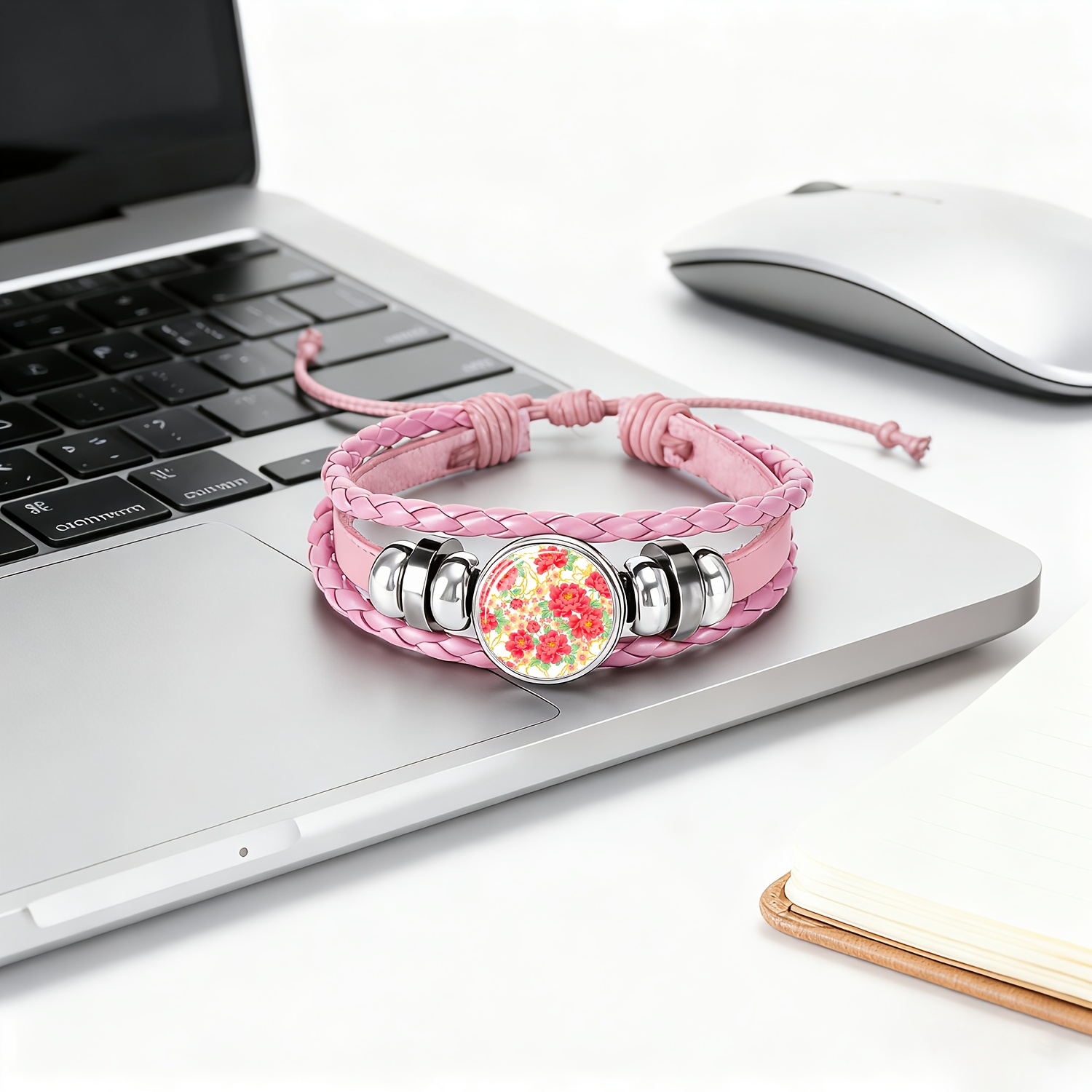 Pink Bracelet Bangle with Round Pattern Red Flowers and Green Leaves
