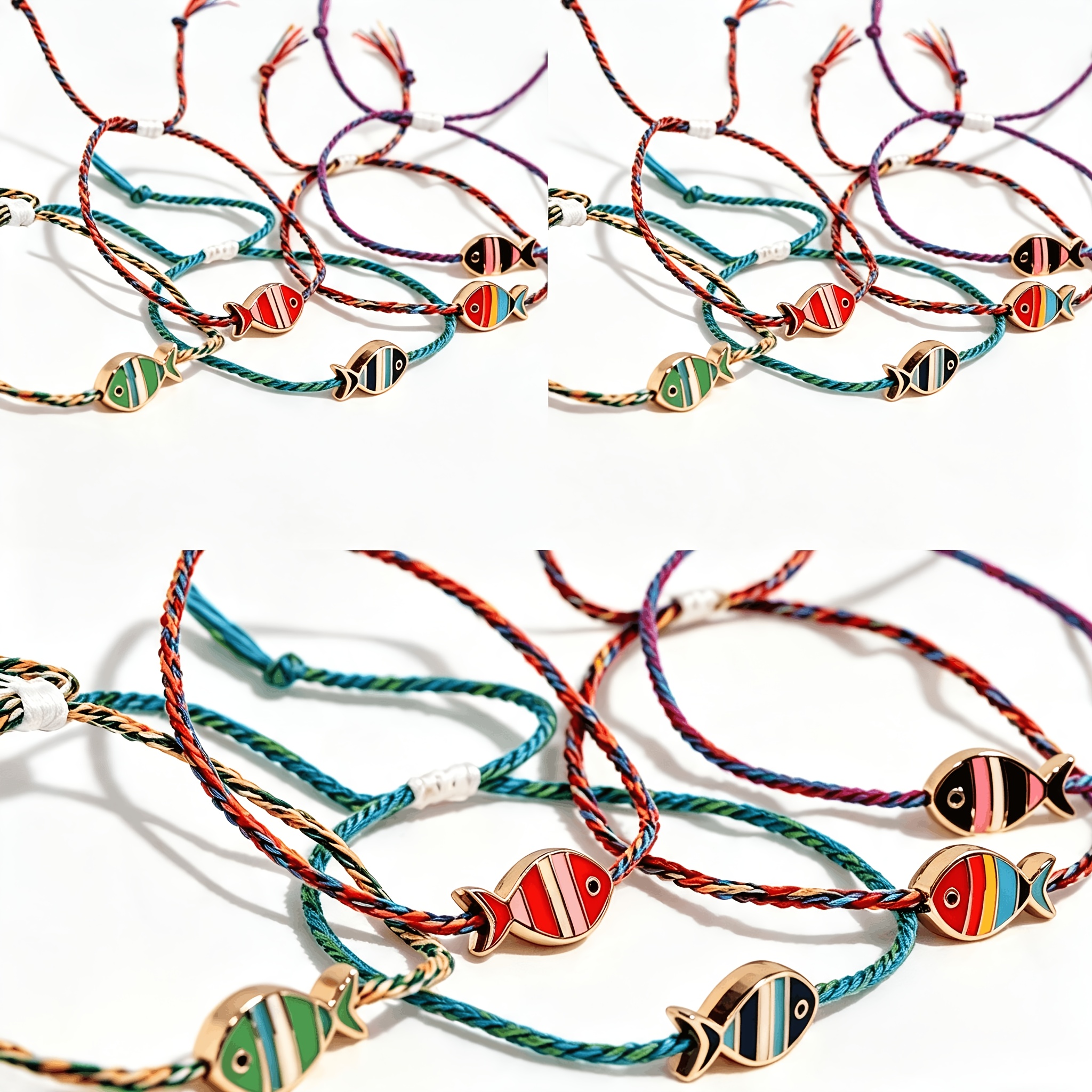 TEMU 15 piezas (3 sets) de pulsera de pescado pequeño tejida con cuerda de de metal estilo playa fresca, estilo bohemio a la , colorida, tamaño