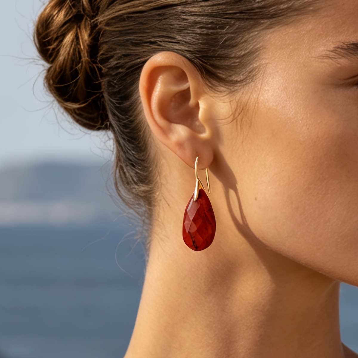 Long Teardrop Red Jasper Pendant Earrings, Vintage Bohemian Style