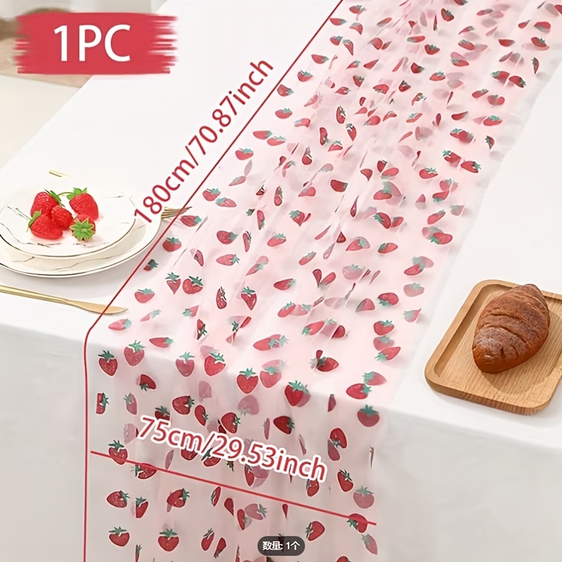 TEMU 1pc Strawberry Print Sheer Table Runner With Pink Tulle - Strawberry Tablecloth Suitable For Wedding, Baby Shower, & Kitchen Decor, Sheer Fabric