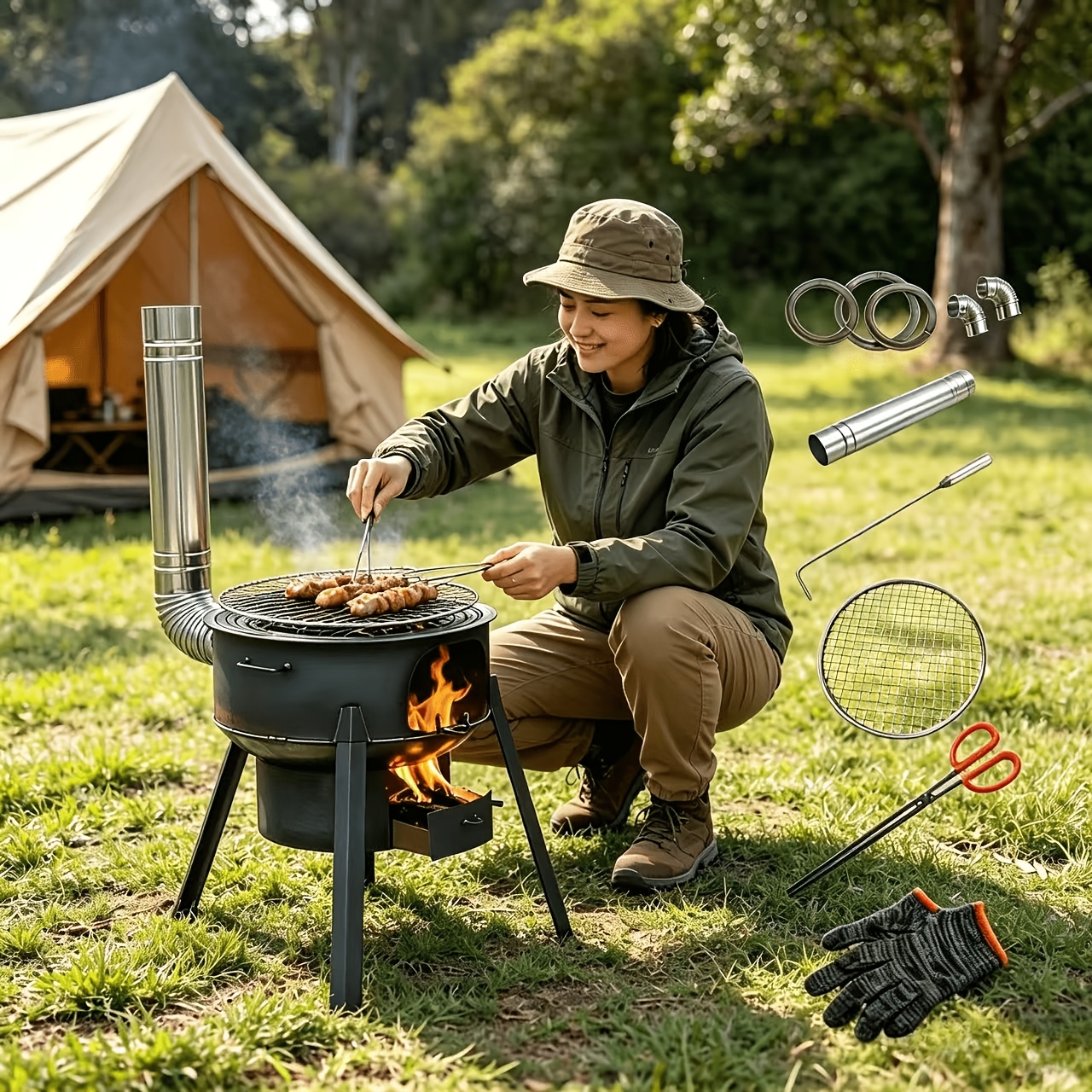 TEMU Portable Wood- Outdoor Cookstove With Large Cooking Pot - Heavy-duty Detachable Suitable For Camping,, Fishing, Tent Heating - Multi-functional