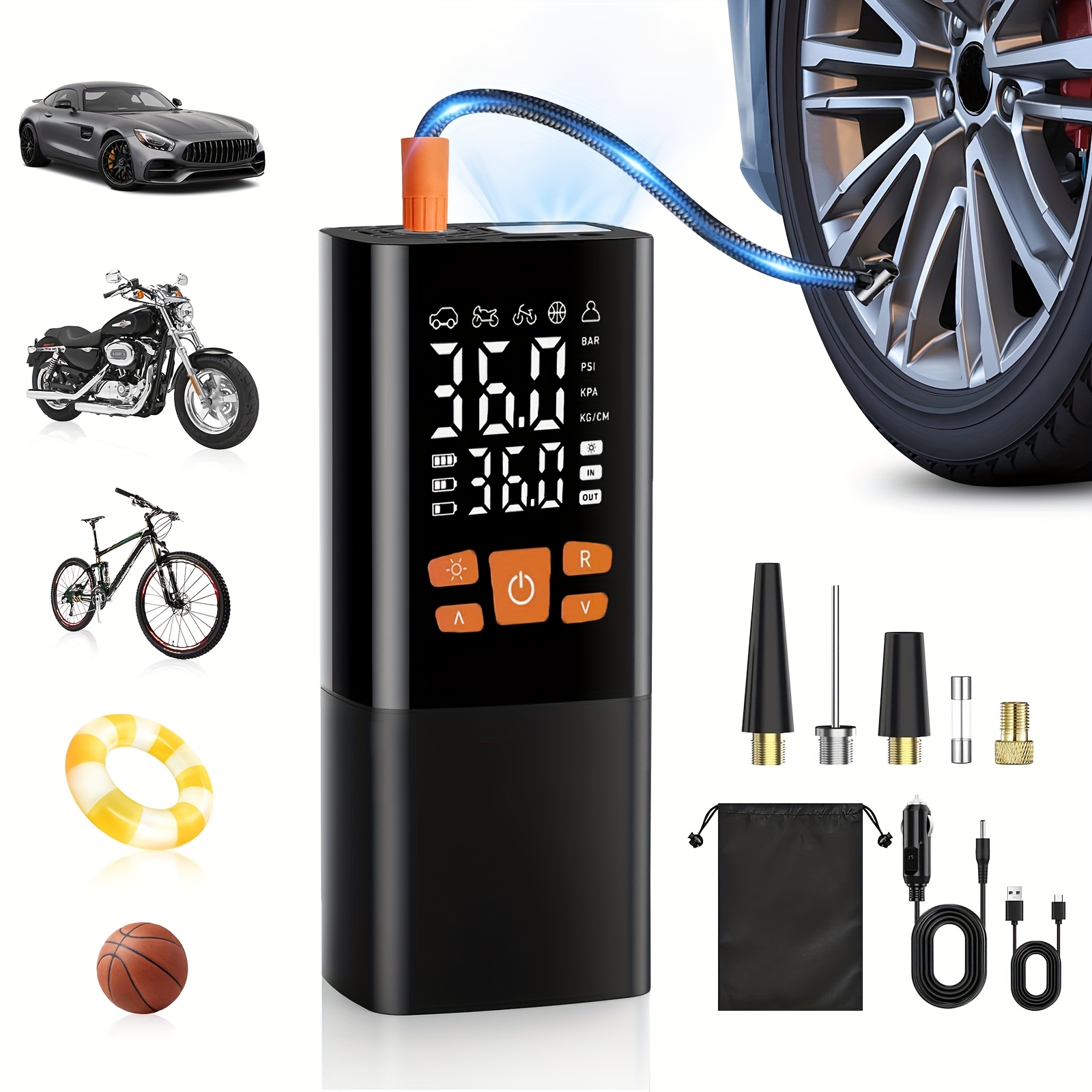 TEMU Compresseur d'air portable pour les pneus, avec une pompe de 150PSI adaptée aux voitures, équipé d'une batterie de 25000Mah. Cette pompe à air