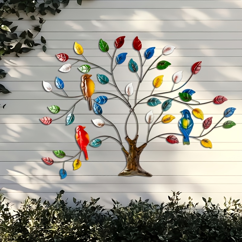 TEMU 1 pièce Grande décoration murale en métal Arbre de Vie - 40,01 cm de hauteur, d'oiseaux volants colorés et de feuilles vertes - Construction en