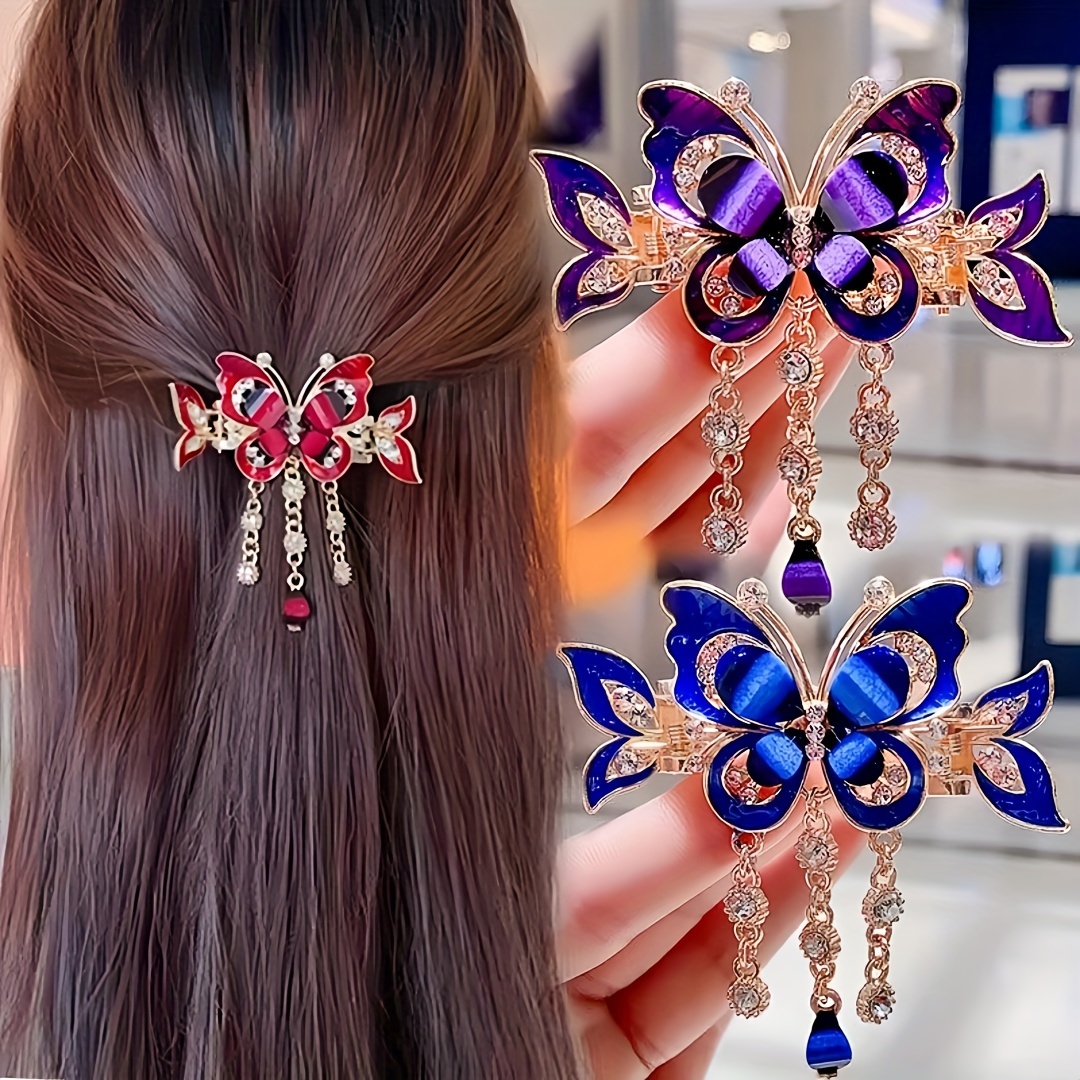 

Elegant Butterfly Hair Claw With Tassel - Alloy Hair Accessory For Weddings, Parties &