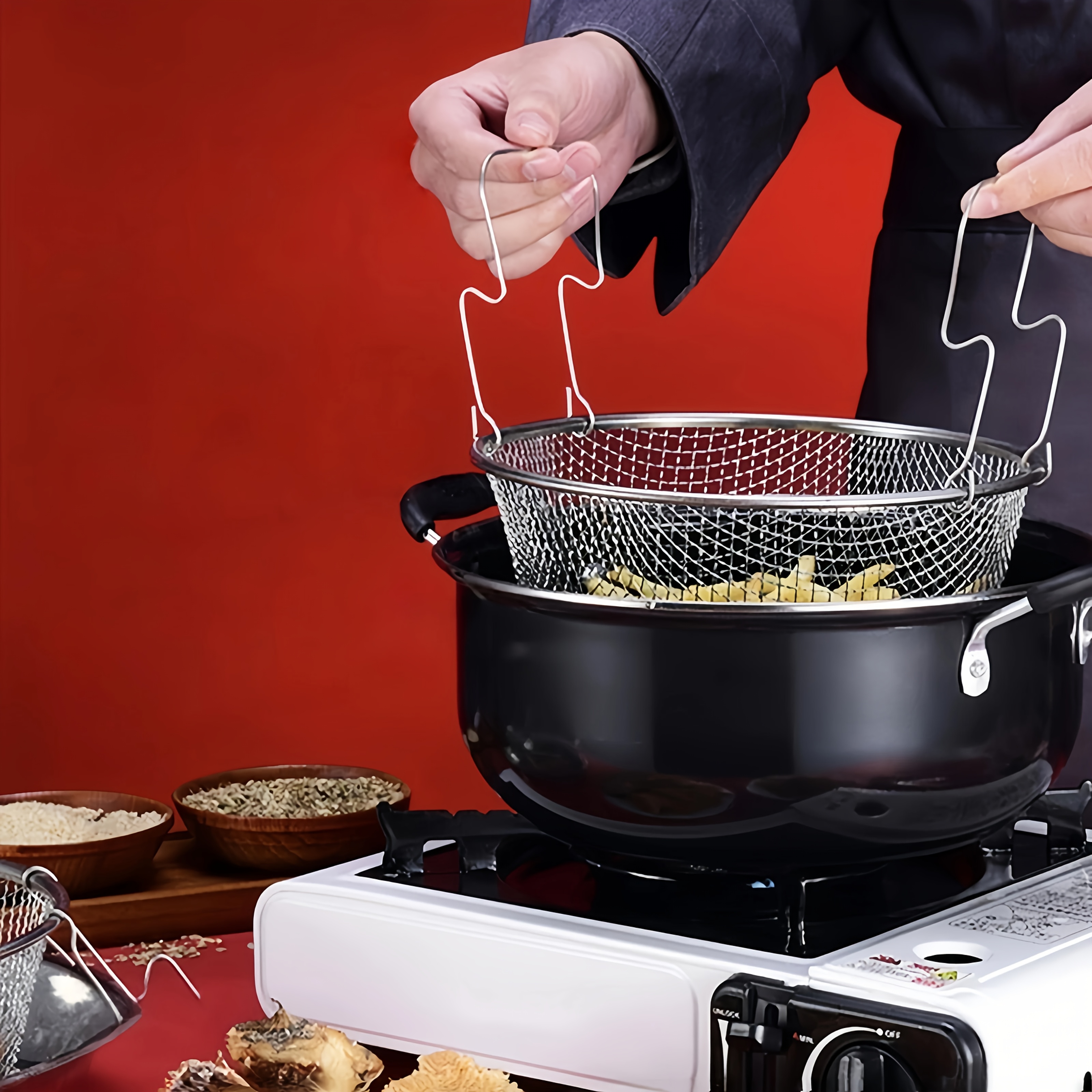 Stainless Steel Frying Net Basket - Multi-Functional Kitchen Strainer for Hot Pot, Blanching, and Draining, Foldable Round Mesh Filter with Grid Design, Ideal for Frying and Cooking, Kitchen Strainer Basket | Foldable Design | Durable Kitchenware, Frying Pan