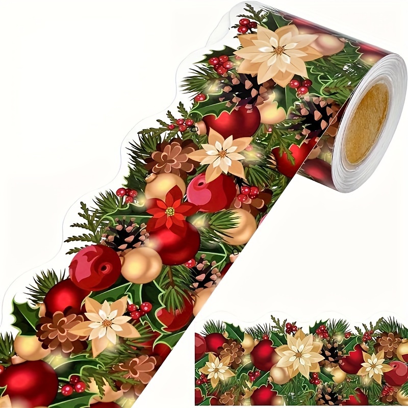 

59 Feet Christmas Decorative Trim Borders, Poinsettias, Pine Cones, And Needles, Semi-glossy Paper Decoration Strips For Classroom, Home, And Office , Irregular Shape, Office Supplies