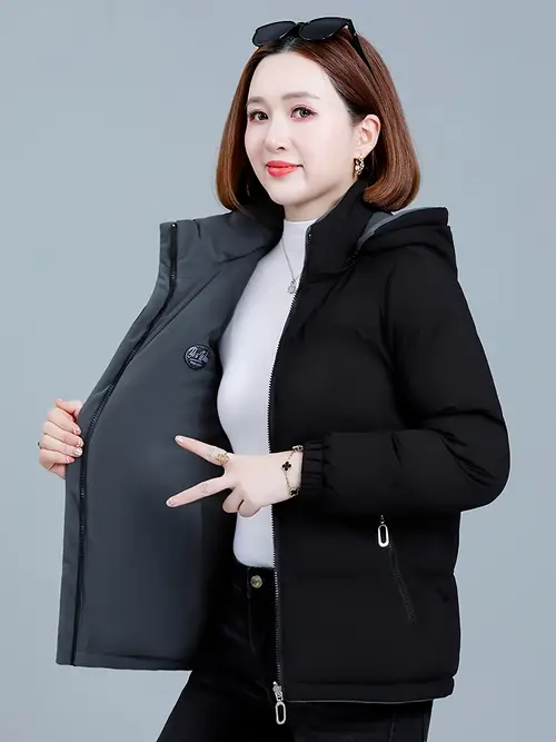 우아한 양면 여성용 겨울 코트 - 올리브 그린 후드 재킷, 측면 포켓, 긴 소매, 폴리에스터, 추운 날씨용 따뜻한 아우터웨어, 겨울 재킷