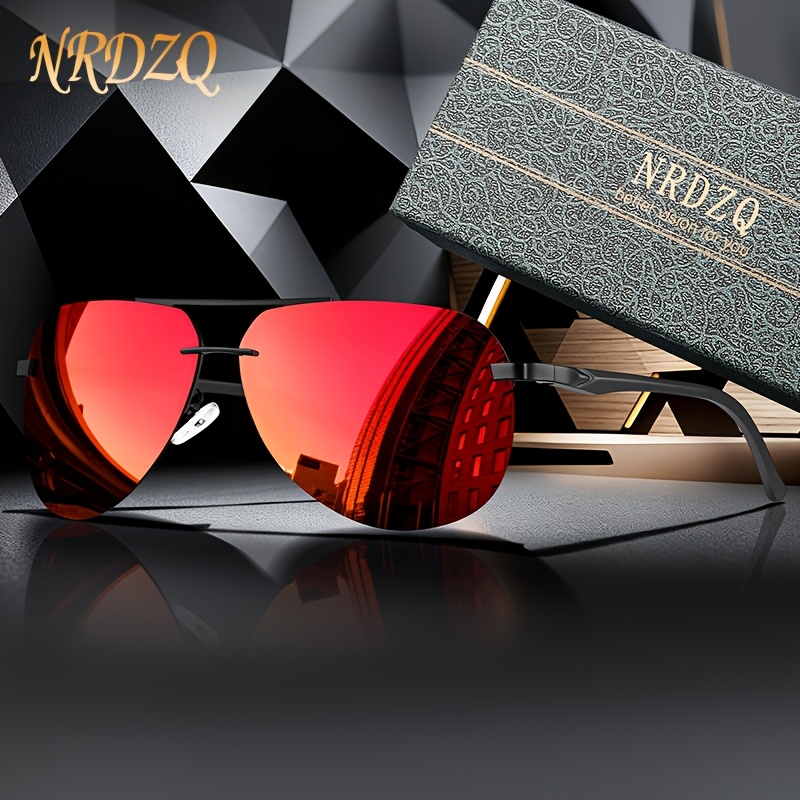 Image of Nrdzq Unisex Frameless Plus Size Fashion Polarized Sunglasses, Aluminum Magnesium Spring Temples, Outdoor Driver Driving Fishing Party Gathering Travel Trendy Shades