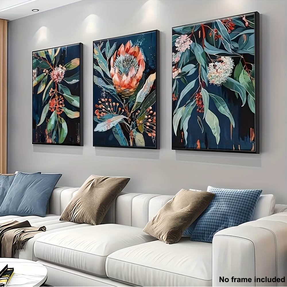 TEMU 2d Flat, 3pcs Modern Australian Native Plants Frameless Canvas Wall Art - Horizontal Botanical Panels Suitable For Home Bedroom, Living Room