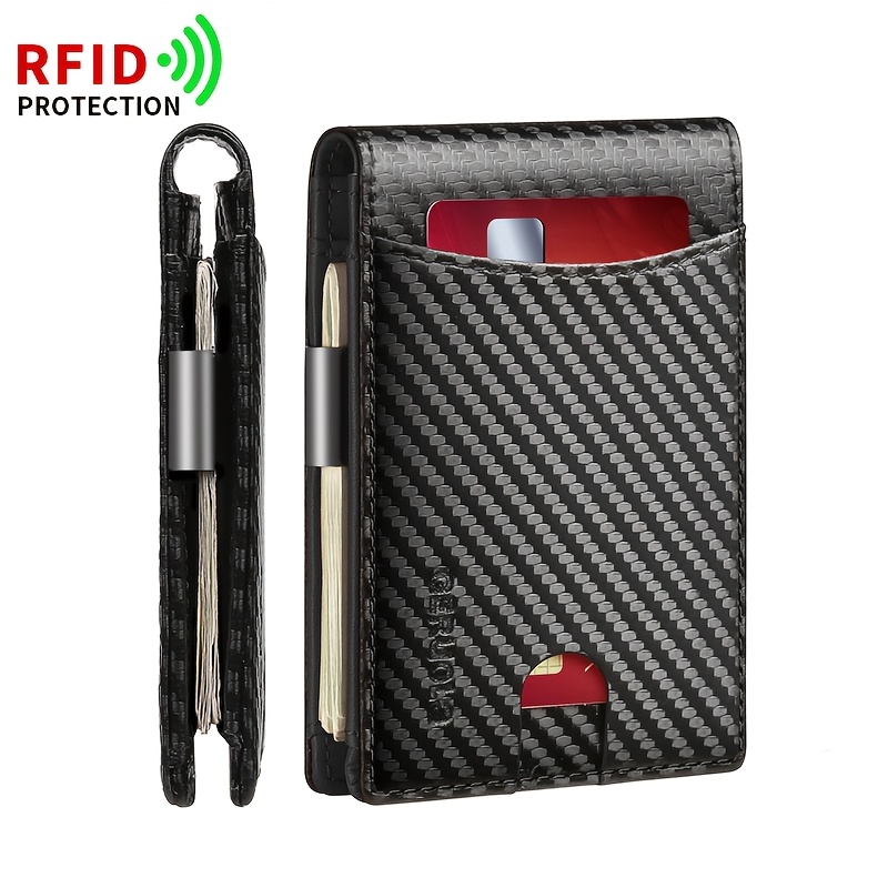 TEMU Rfid Blocking Men's Carbon Fiber Wallet, Minimalist Ultra-thin Bifold Credit Card Holder, Portable Front Pocket Wallet With Coin Purse, Ideal