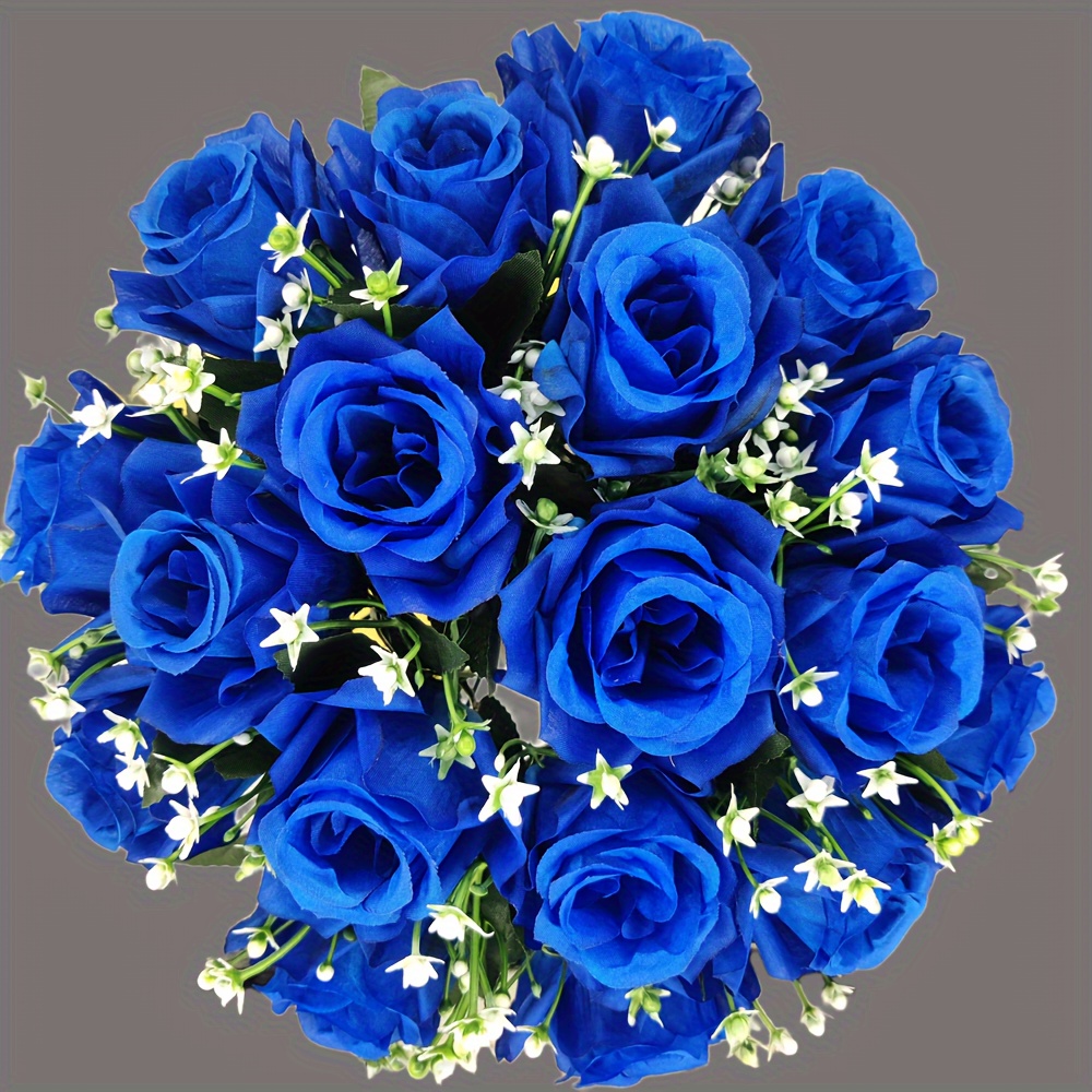 TEMU 18 pièces de Roses Artificielles en Soie - Fleurs Faux Réalistes Vase, Bouquets Élégants de Roses Bleues pour Décoration de Maison, Mariage,