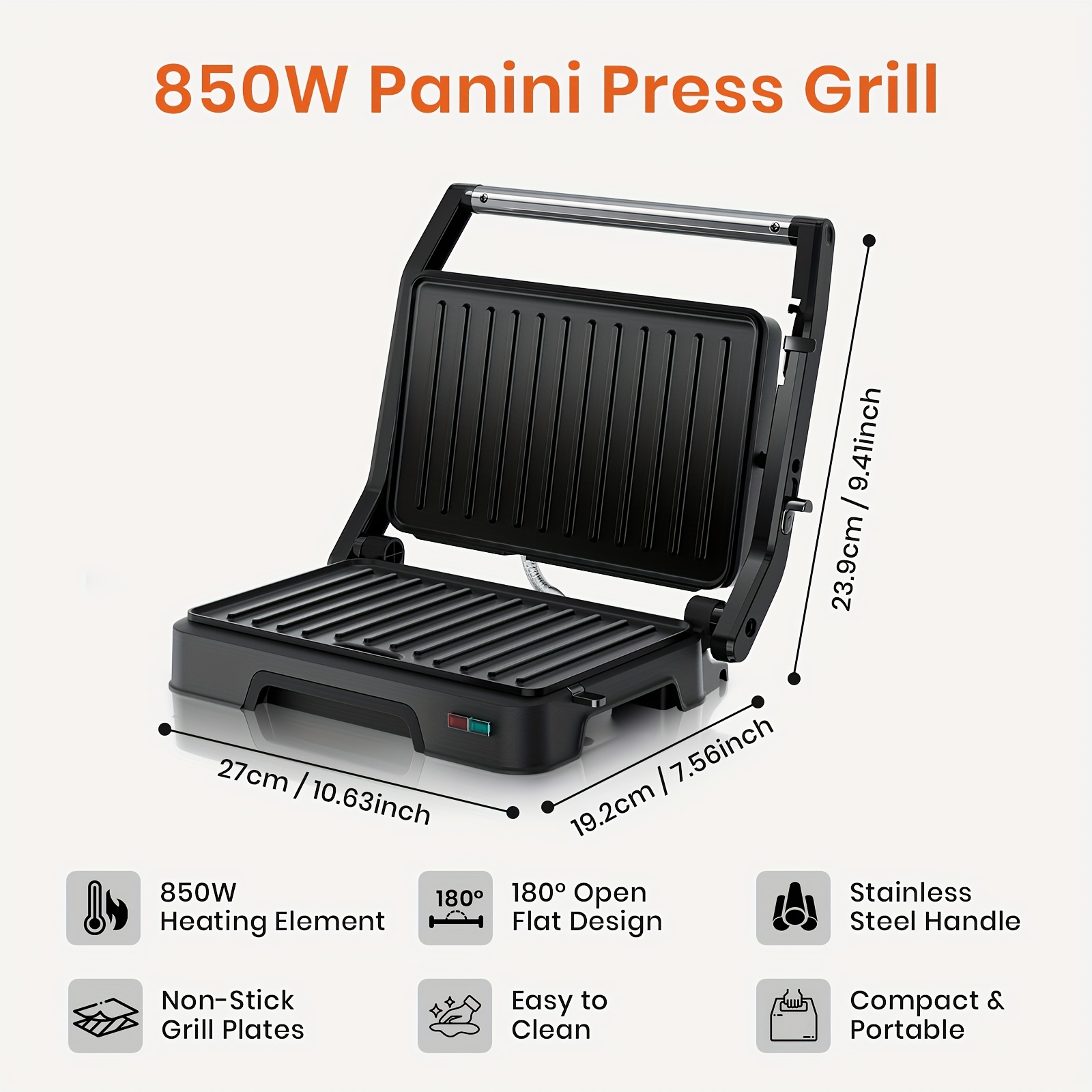 E-shop SUPERLEX Elektrischer Kontaktgrill 850W - Antihaftbeschichtete Platten, 180° Öffnung, Kompakt mit Temperaturregelung - für Sandwiches, Panini, ,