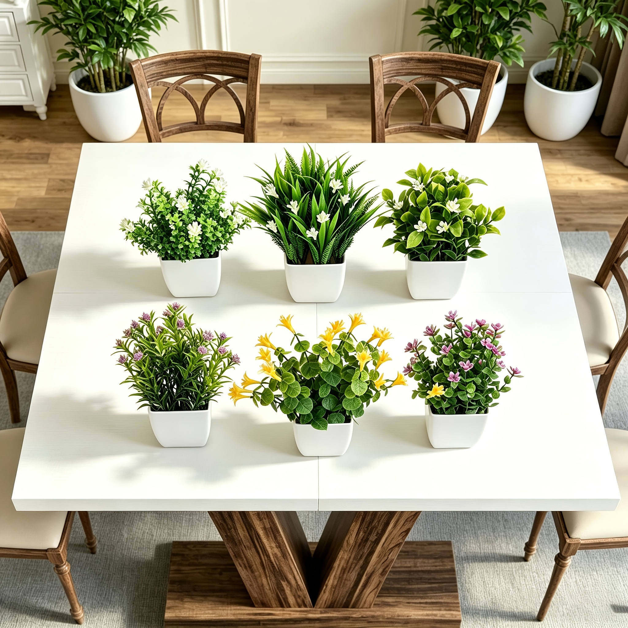 6pcs Small Artificial White Flower Pot Green Plant, Artificial Flower Decoration, Simulated Plant Home Decoration Indoor, Plastic Plant Office Bathroom Bedroom Green Decoration Mini Green Plant Pot