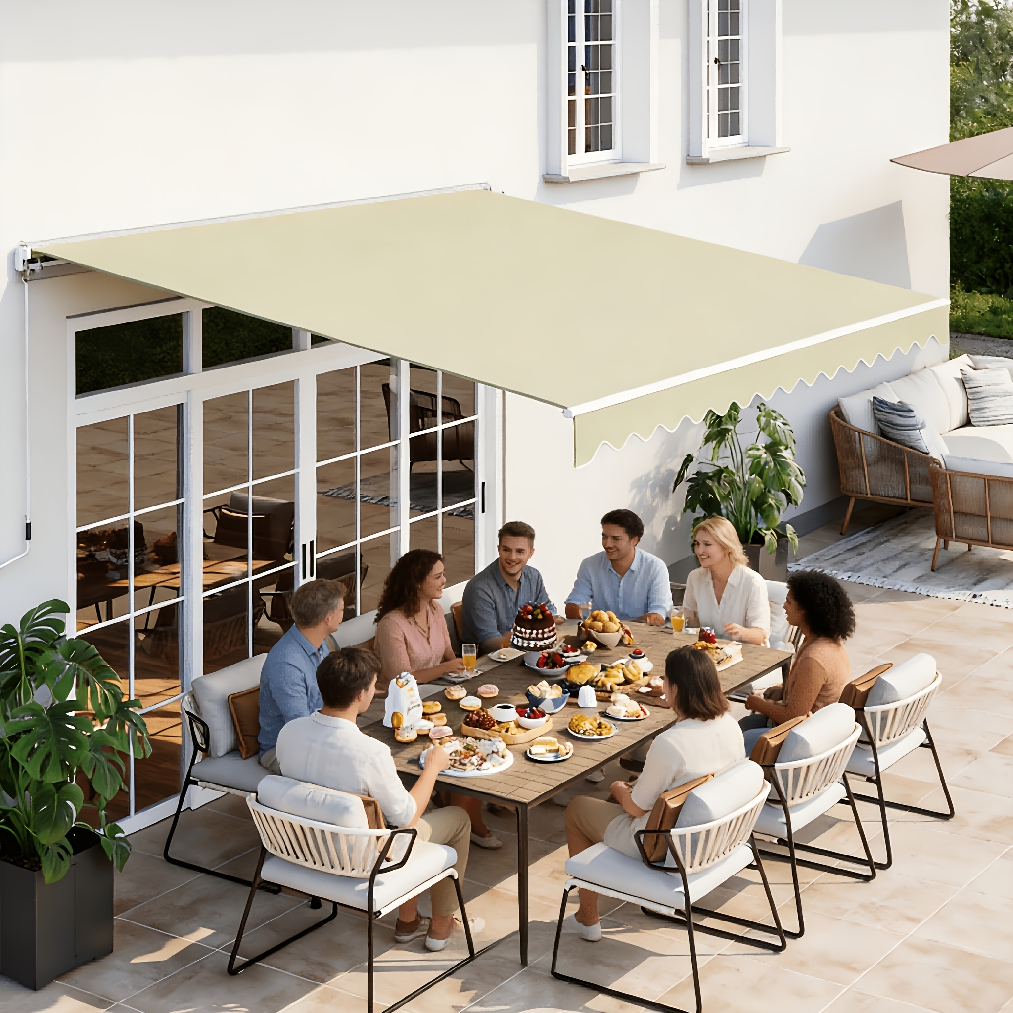 12x10ft Heavy-Duty Manual Retractable Awning with Wall Mount - Outdoor Patio Canopy, Beige Suitable for Balcony, Deck, Poolside Shade, Fabric & Frame, Installation