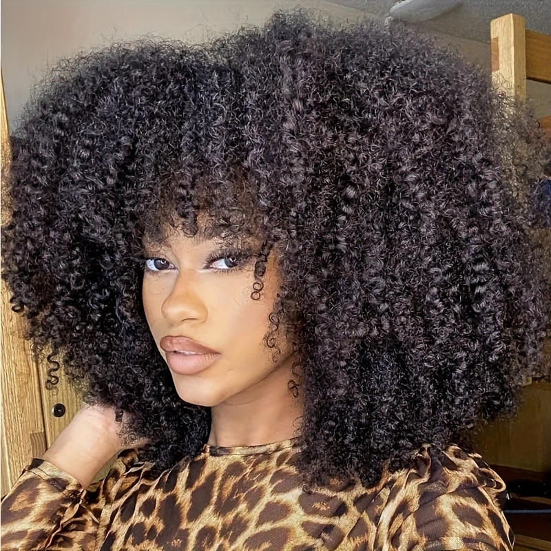 TEMU Perücke Synthétique Bouclée/Africaine Naturelle de 16 Pouces avec Frange - Résistante à la Chaleur 200%, Bonnet Élastique pour Usage et Cosplay