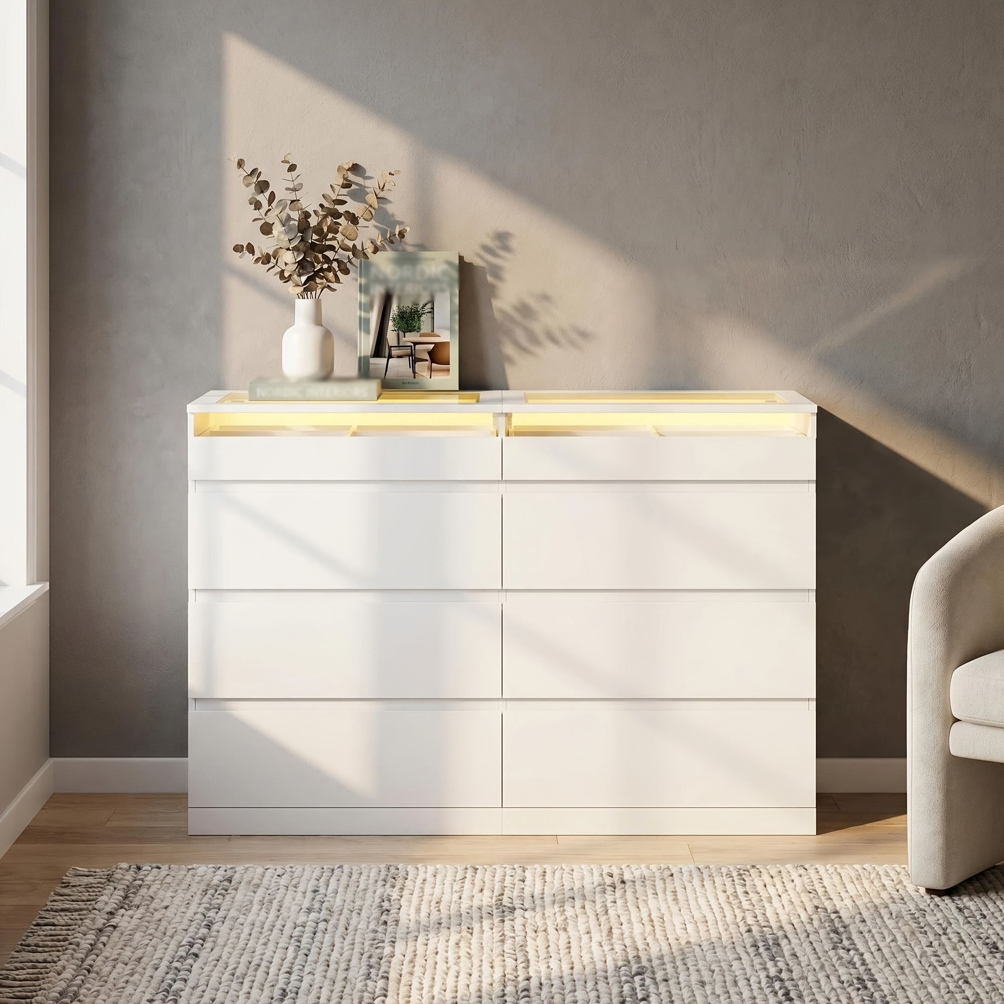 Image of 120.3cm -drawer Side Cabinet With Rgb Lighting, Glass Tabletop, Vanity And Storage Unit, Large Capacity To Keep Things Tidy, Smooth Drawers That Won't Jam, Suitable For Bedroom Or Living Room, White