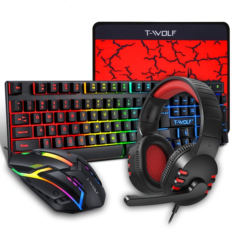 T-WOLF TF800 Four-piece Gaming Combo 104 Keys Keyboard 4-color Breathing Light Mouse 3.5mm Gaming Headset Anti-slip Mouse Pad