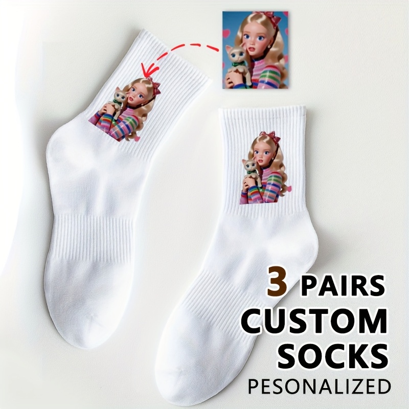 TEMU 3 Pairs Of Custom Couple Socks For Men And Women - Personalized Mid-length Socks Featuring Fun Photo Designs, Durable Knitted Socks, The Perfect