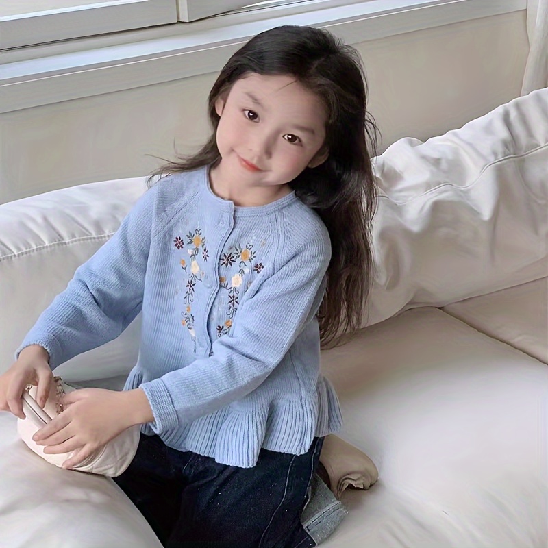 girls' light blue floral knit cardigan sweater long sleeve Temu Oman