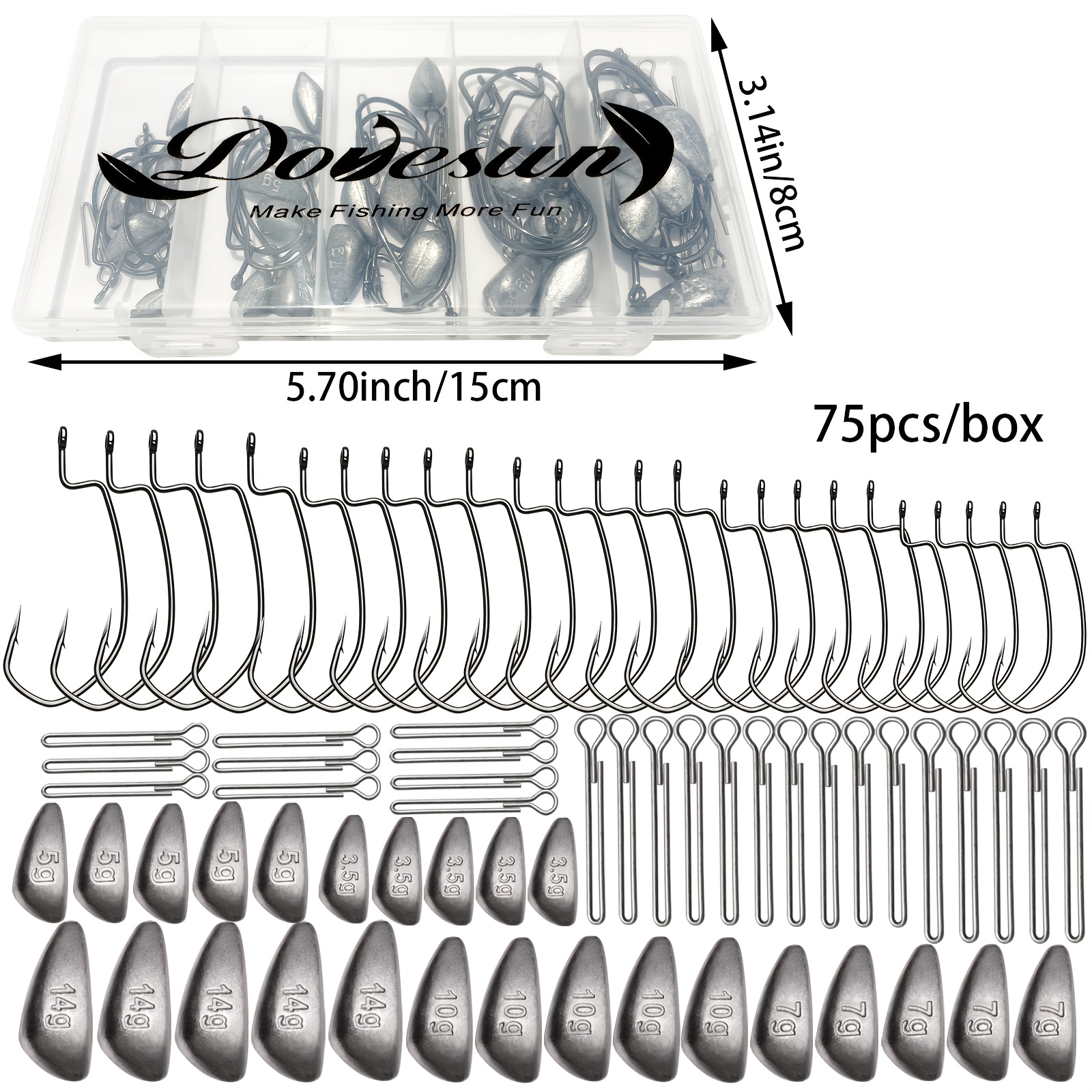 Image of Dovesun 75pcs Fishing Weights Sinkers Kit Texas Rig, Weedless Swimbait Jig Heads For , Walleye, Fishing Jig Freshwater, Weights:1/8oz 3/16oz 1/4oz 3/8oz 1/2oz, Ewg Hooks: 1# 1/0 2/0 3/0 4/0