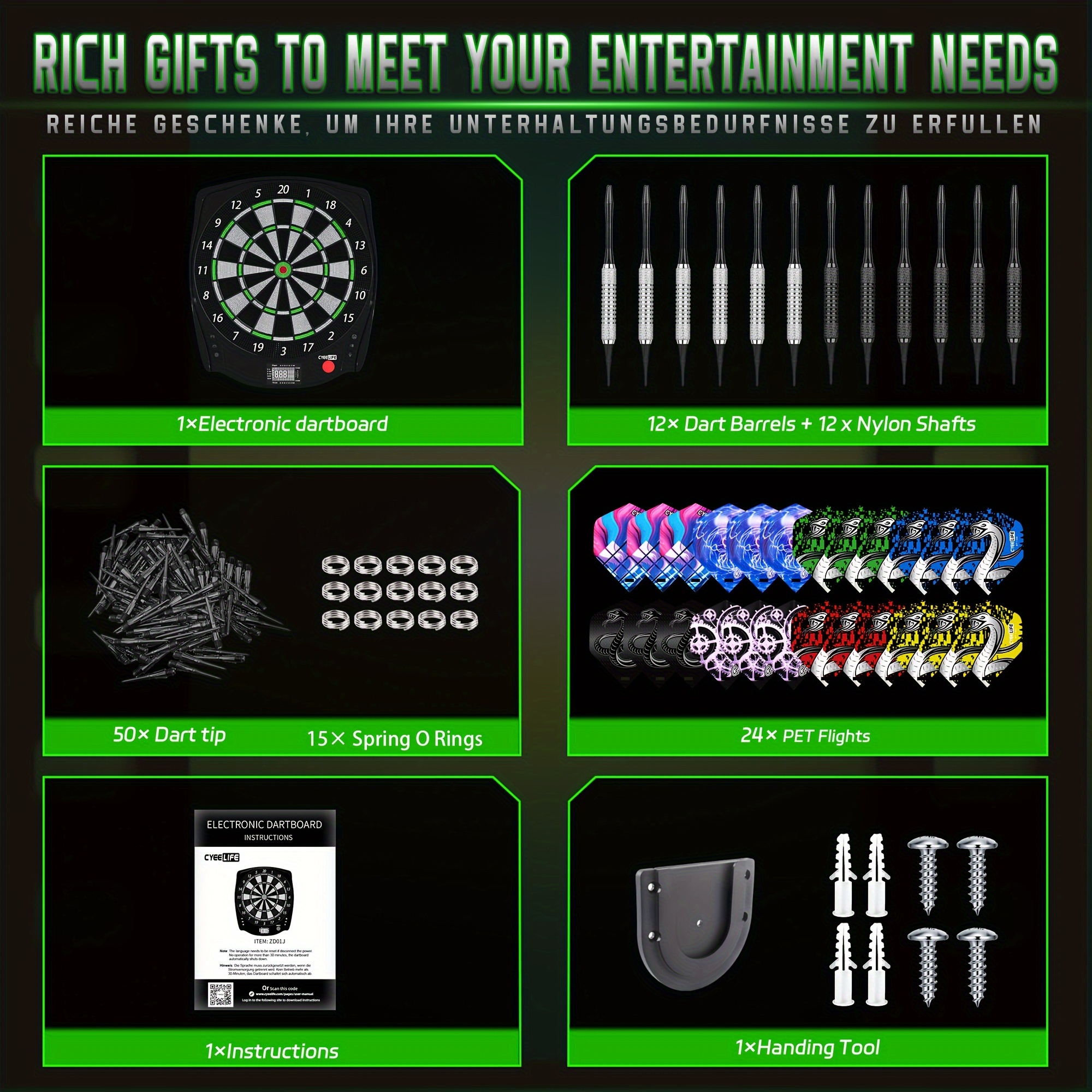 Cyeelife electronic soft dart target with 12 soft pointed darts, switching between three languages, and multiple game modes