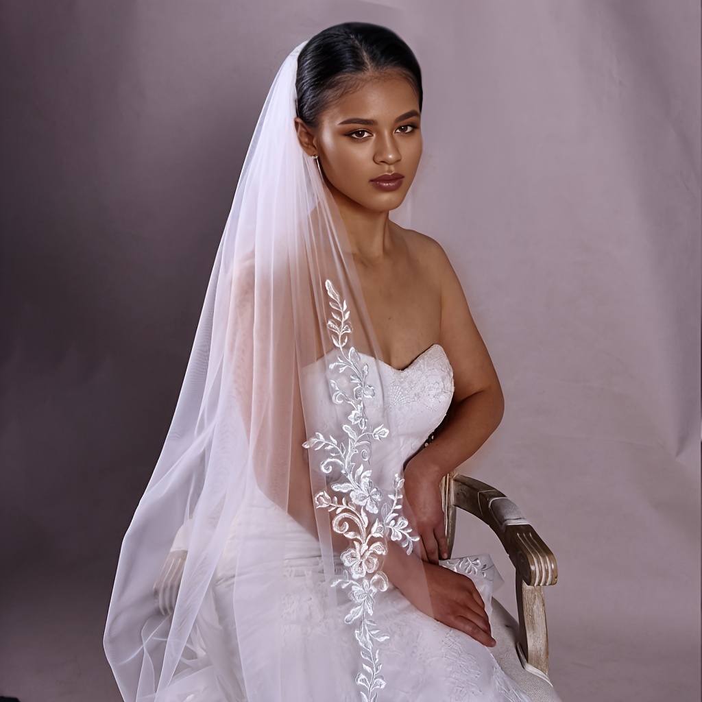 1pc vintage french bridal veil with elegant lace trim, long and