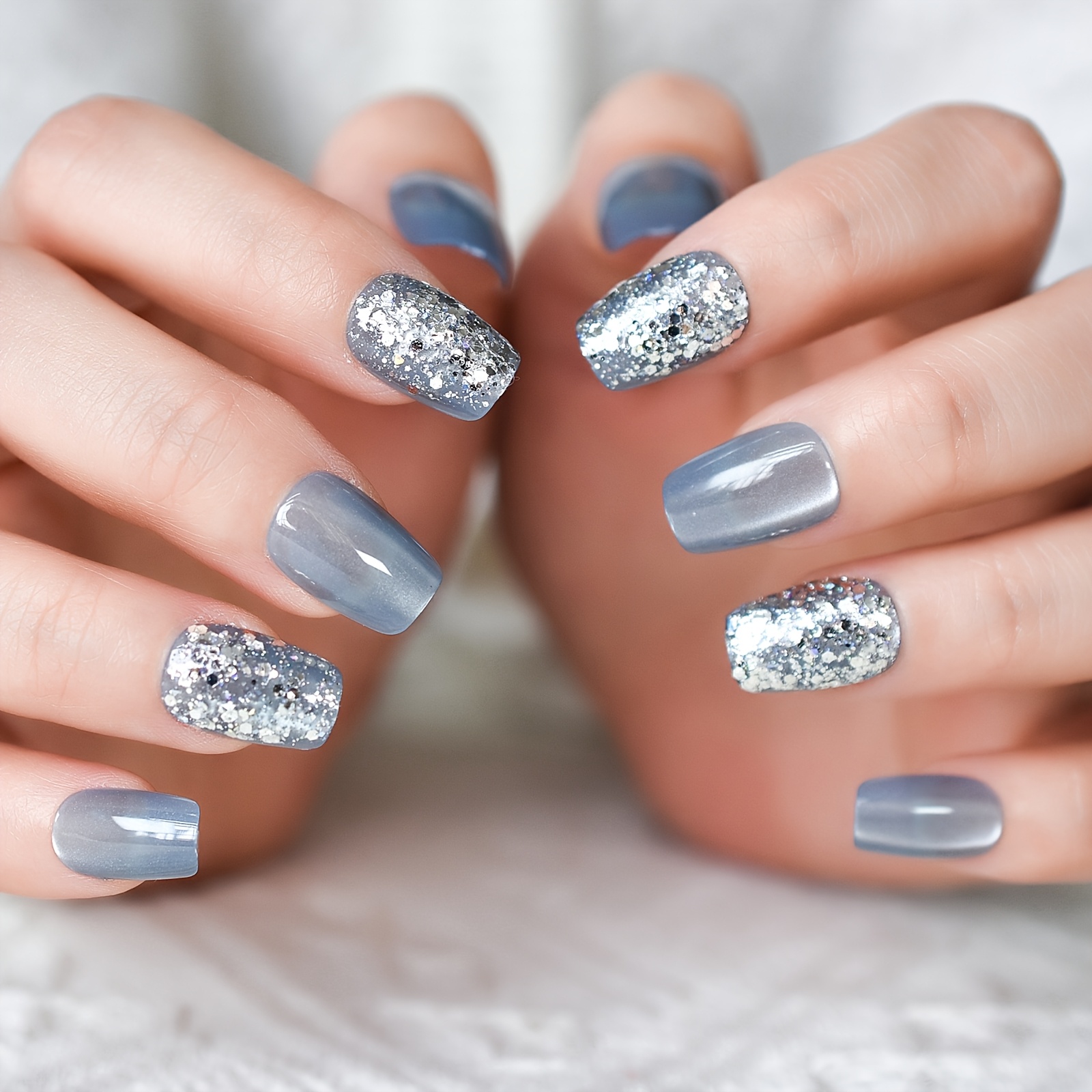 TEMU Lot de 10 ongles artificiels à , à pression, avec paillettes argentées, couverture ton bleu, style ballet, courts, avec outils
